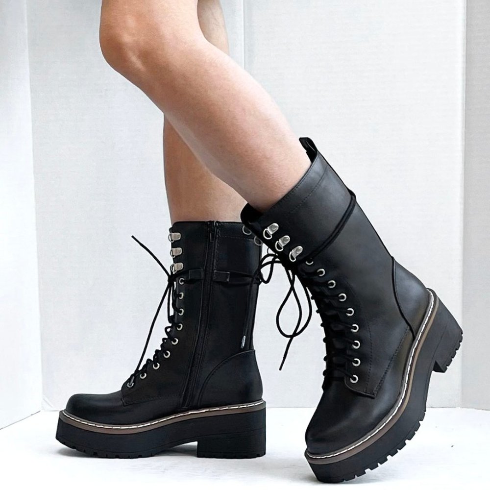 New Black Platform Lace Up Mid-Calf Combat Military Boots - Picture 1 of 5